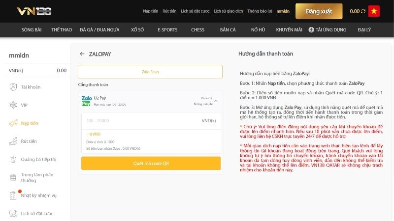 Hướng dẫn nạp qua ví điện tử VN138